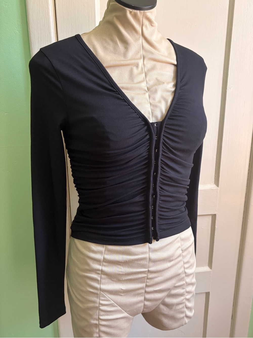 Promise Black Ruched Hook-and-Eye V-Neck Long Sleeve Top